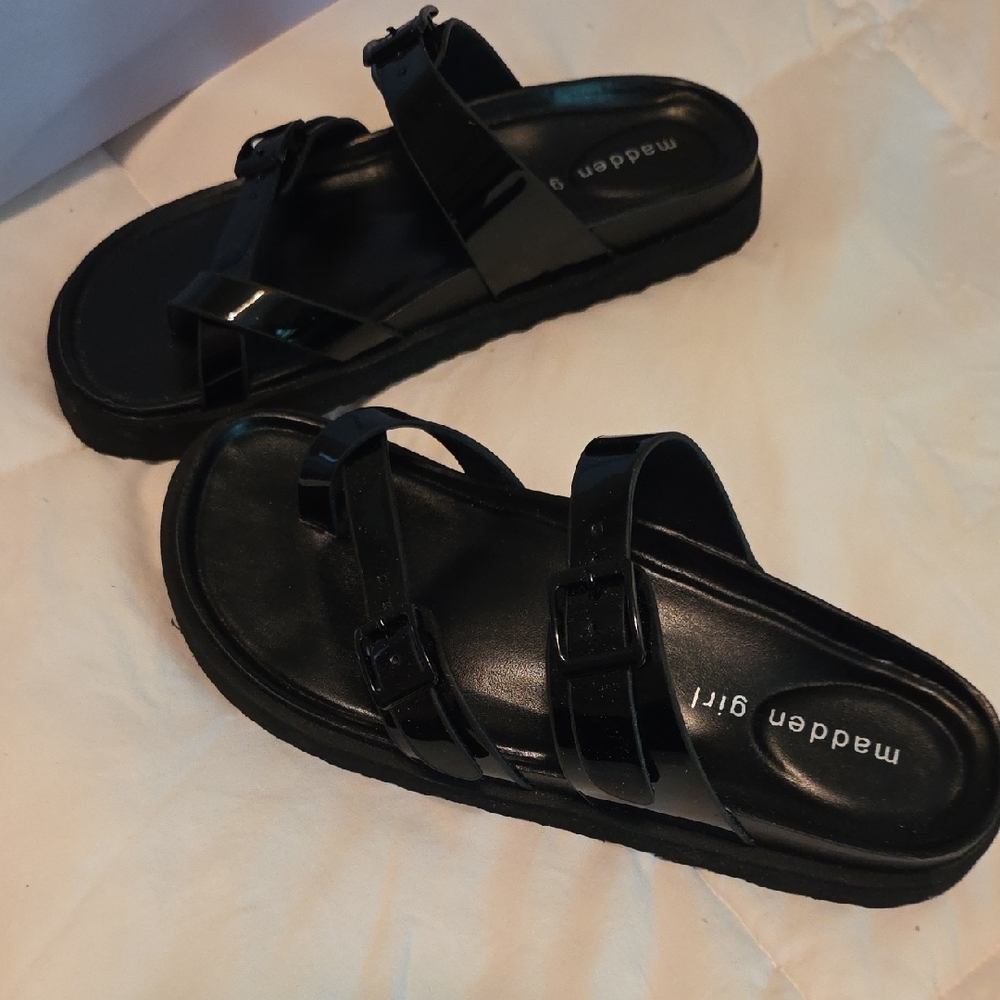 Madden Girl Black Patent Double-Strap Slide Sandals